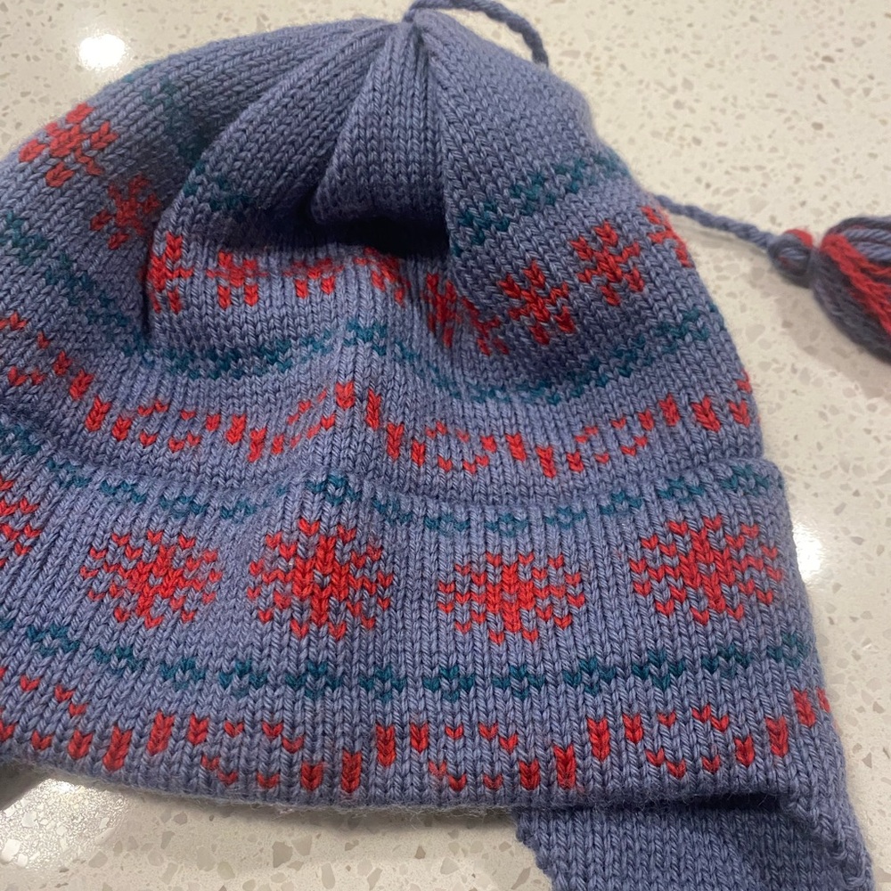 Vintage 100% pure virgin wool ear flap hat Unisex Blue Red - Picture 3 of 8